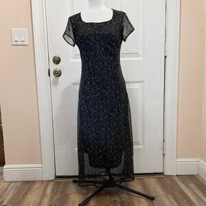 Ann Taylor Loft dress size 6 Petite. Sheer polyester floral print gray on black